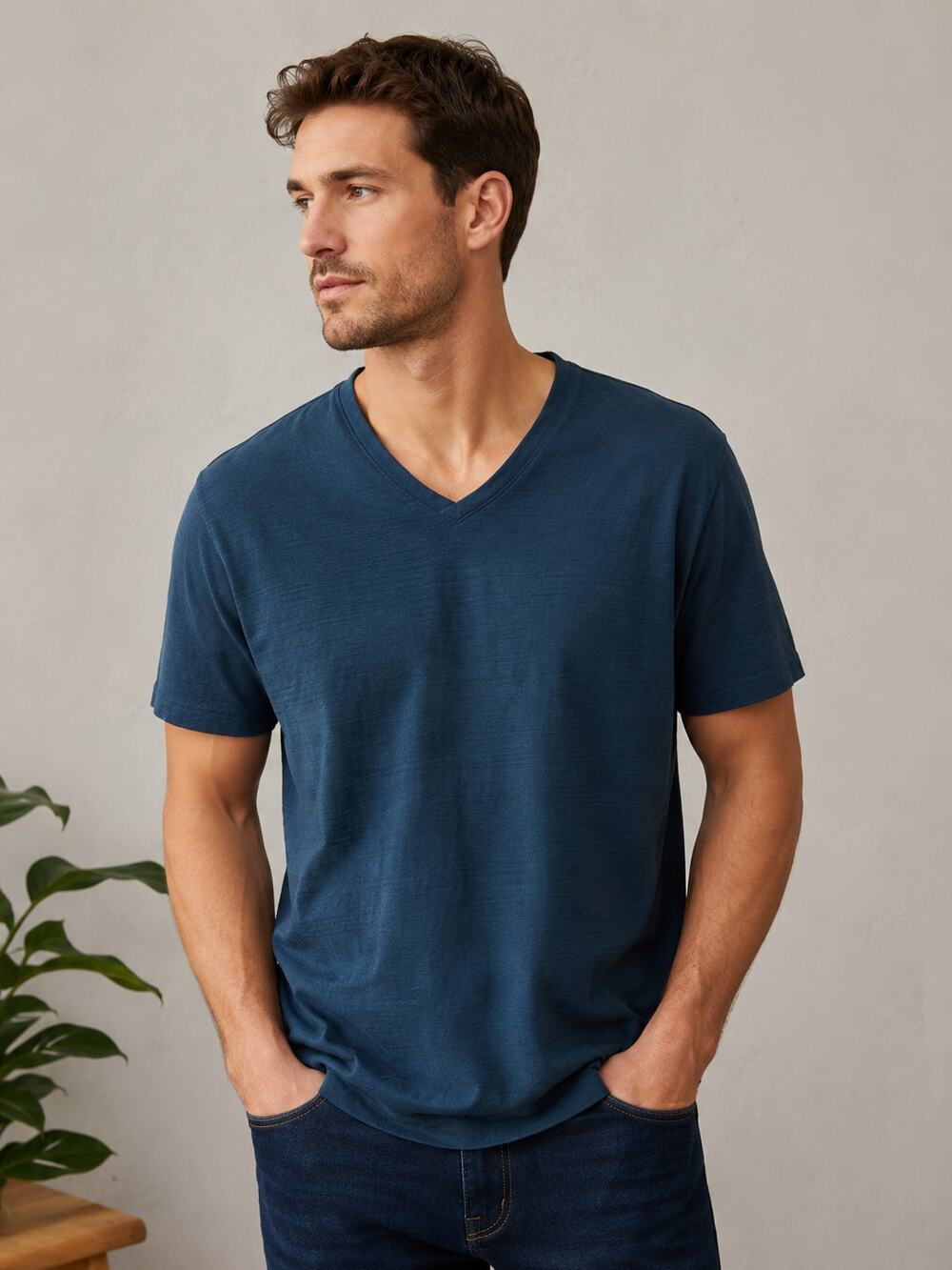 Calvin Klein XL Navy Blue V-Neck Lightweight Slub Cotton Textured Shirt